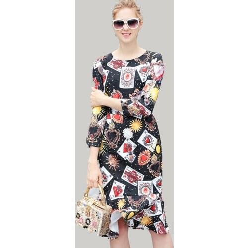Plus Zize Vintage Dresses European Fashion Women Jewelry & Card Print Elegant Mid-Calf High Quality Sheath Trumpet Top Dress