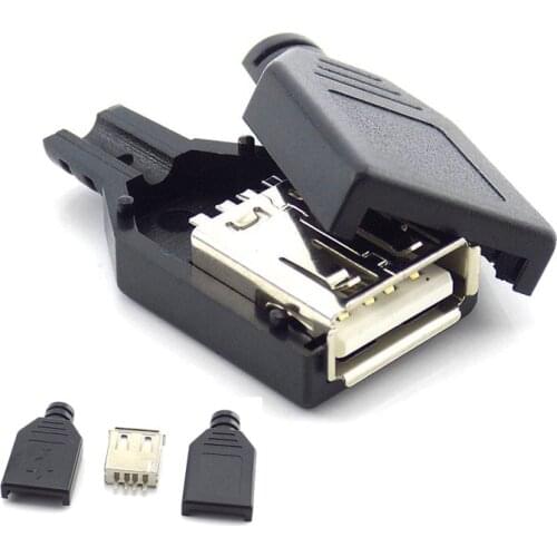 3 in 1 Type A Female USB 2.0 Socket Connector 4 Pin Plug With Black Plastic Cover Solder Type DIY Connector