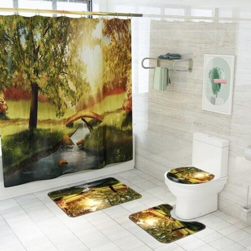 3D Scenic Printed Bathroom Carpet Bath Mat Shower Curtain Set Pedestal Toilet Seat Mat Lid Cover Bath Mat Anti Slip Bath Carpet
