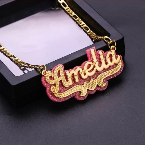 3UMeter Custom Name Women Necklace Double Layer Nameplate Pendant Personalized Acrylic Carved Sandwich Necklaces Dropshipping