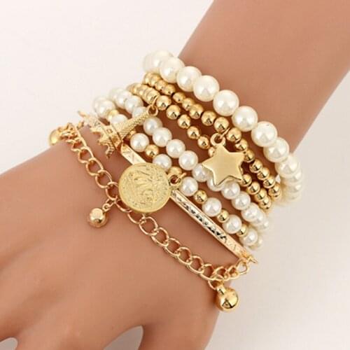 6pcs/set Fashion Gold Color Beads Pearl Star Multilayer Beaded Bracelets Set for Women Charm Party Jewelry Gift