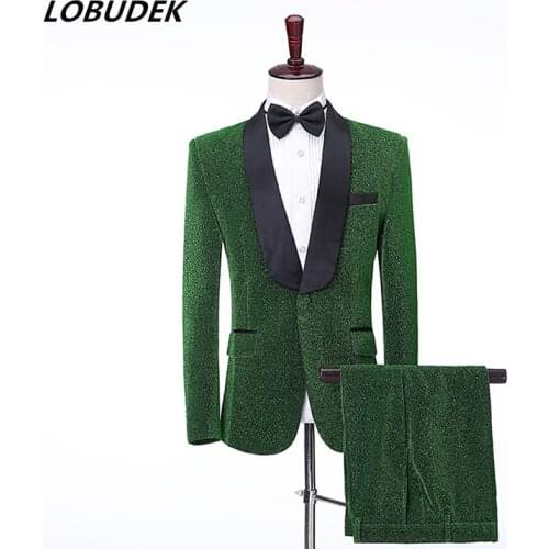 Shawl Collar Shiny Silk Blazer Pants Mens Wedding Suit Red Green Red Blue Gray Prom Evening Formal Suits Singer Host 2-Pieces