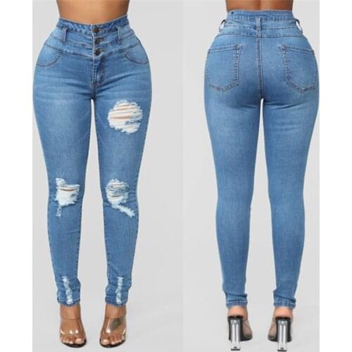 New Womens Juniors Ripped High Waist Long Pants Jeans Butt Lift 3 Button Slim Fit Skinny Denim Pants