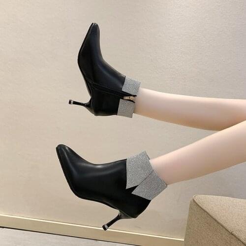 Black Soft Leather Thin Heels Ankle Boots Women& Crystal Cuffed Winter Shoes Elegant Pointed Toe Keep Warm Short Booties Ladies