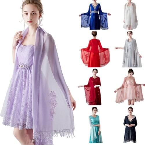 Color Available ! Wedding Jackets Bolero Bridesmaid Scarf Shawl Tassel Appliques Formal Party Gown Chiffon Wedding Accessories