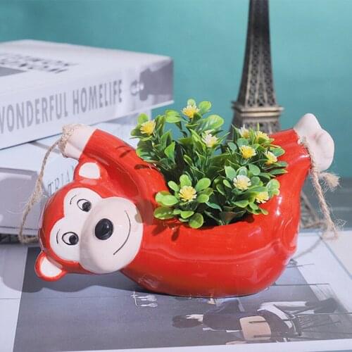 Home Garden Cartoon Monkey Animal Succulent Flower Pot Wall Hanging Ceramic Large Diameter Container Flower Pot Home Decoration