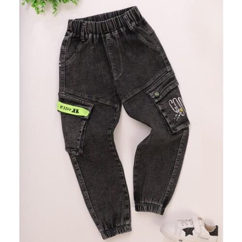 IENENS Boy Gril Causal Jeans Big Pockets Cargo Pants 5-11 Years Children Streetwear Trousers Kids Denim Harem Jean