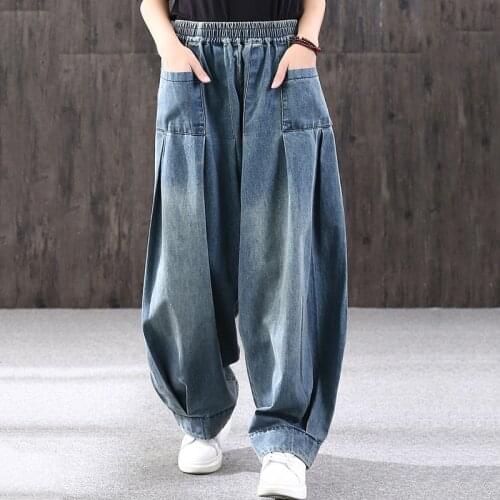 SeeBeautiful New Fashion 2020 Autumn Winter Elastic Waist Pockets Stitching Pleated Loose Jeans Denim Trousers Pants Women N627