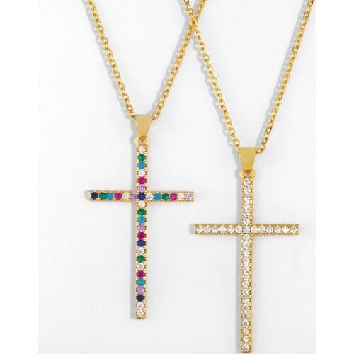 FLOLA Multicolor Crystal Cross Necklace Women Gold Pendant Necklaces For Women CZ Cubic Zirconia Rainbow Jewelry arcoiris nker25