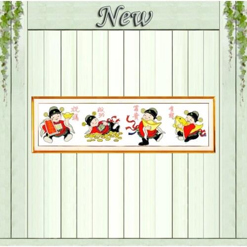 Four little god of wealth paintings counted printed on canvas DMC 14CT 11CT Chinese Cross Stitch Needlework Sets Embroidery kits