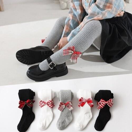 2021 Cotton Girl Tights Candy Color Striped Bowknot Kids Pantyhose Cute Spring Childrens Pantyhose Baby Girl Tights