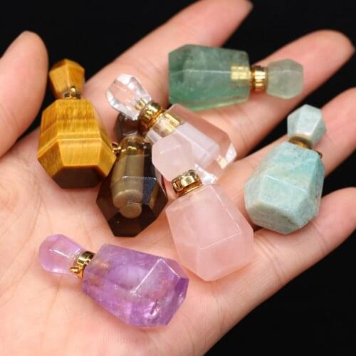 Natural Gem Stone Faceted Perfume Bottle Connector Tiger Eye Rose Quartzs Essential Oil Diffuser Vial Pendant DIY Jewelry Making