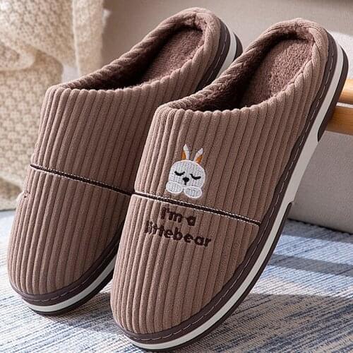Mens Winter Warm Indoor Slippers Rabbit Cartoon Cute Plush Cotton Shoes Male Fluffy Striped Indoor Slipper Bedroom Warm Slides
