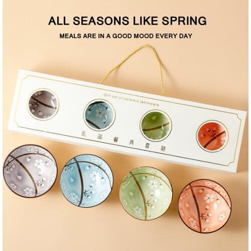 Set of 4 Japanese Traditional Cherry blossoms Ceramic Dinner Bowls 4.5inch Porcelain Strawberry Rice Bowls Dinnerware Set Gift