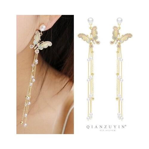 2019 New Fashion Tide Women Pearl Earrings Butterfly Crystal Long Tassel Drop Dangle Earrings Jewelry For Girls Gift