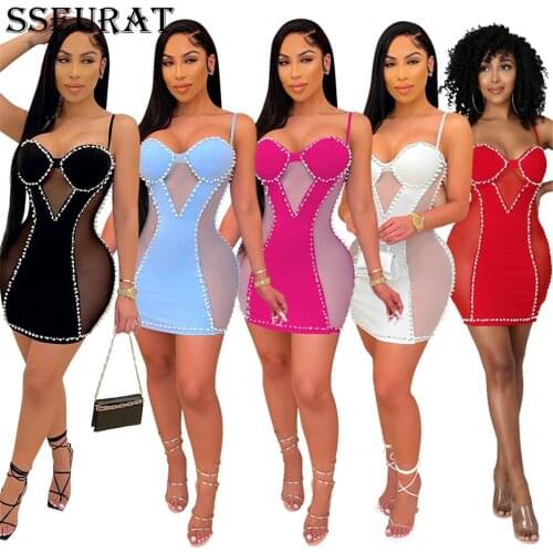SSEURAT Women Dress Patchwork Sleeveless Spaghetti Strap Halter V-neck Skinny Elastic Mini Dresses Sexy Night Club Dress Summer