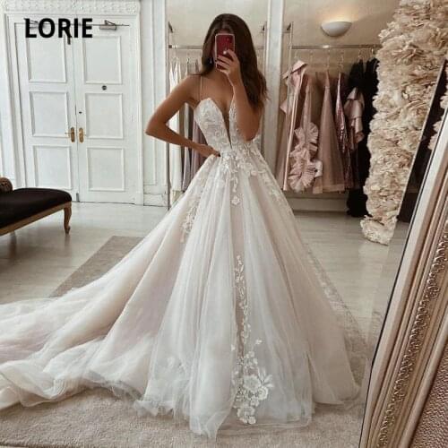 LORIE Romantic Wedding Dresses Boho Spaghetti Straps Wedding Gown Lace A-Line Tulle Sweep Train Bridal Dress vestidos de novia