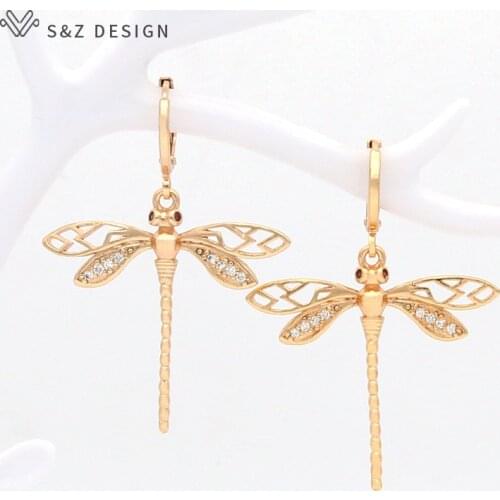 S&Z DESIGN Korean Fashion Dragonfly Peacock Owl Animal Dangle Earrings For Women Jewelry Champagne Gold Elegant Classic Earrings