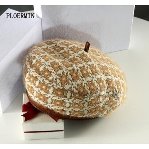 New Plaid Vintage Octagonal Hat Casual Autumn Girl Cap Panama Women Wool Beret For Elegant Lady Winter Warm Female Plush Hats