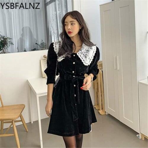 Spring Korean Vintage Office Elegant Black Befree Sexy Dress 20220 Autumn Casual Doll Collar Dresses Red Wine Knee-Length Elbise