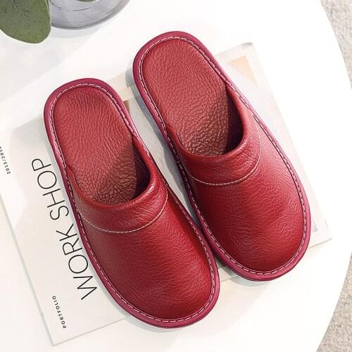 Wine red slippers for women large size 11 12 fashion leather home shoes female slippers 2021 new