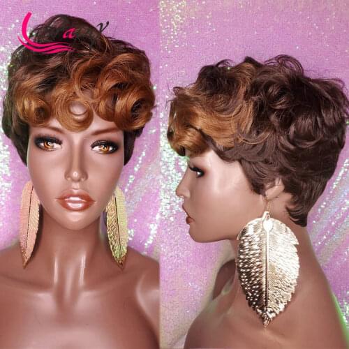Pixie Highlight Honey Blonde Human Hair Wigs Short Cut BobOmbre Curly Full Machine Made Remy Wig With Baby Hair Glueless