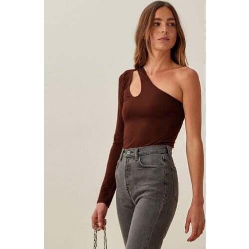 Hollow Out Crop Top Punk Tee Women T-shirt 2021 Autumn Irregular Skew Collar One Shoulder Skinny Club Ladies Knitted T-shirts