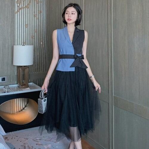 Summer 2 Piece Set Office Women Suit Sleeveless Notched Collar Contrast Color Striped Top and Black Mesh Skirt Two Piece Set