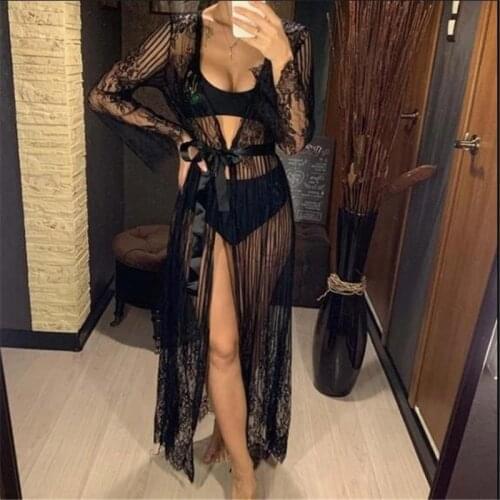 Women’s Casual Long Sleeve Sexy Cardigan Fashion Solid Color Lace Perspective Bandage Nightgown