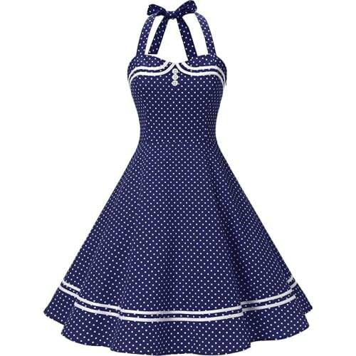 Sexy Halter Party Dress 2021 Summer Polka Dot Hepburn Vintage 50s Pin Up Rockabilly Dresses Robe Navy Style Retro Cotton Dress