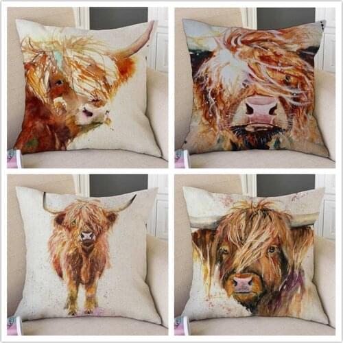Watercolor Splash Art Scotland Highland Cow Yak Long Hair Cattle Sofa Throw Pillow Case Cotton Linen Cushion Cover Home Decor