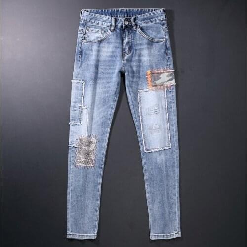 American Streetwear Fashion Men Jeans Slim Fit Retro Light Blue Elastic Cotton Ripped Jeans Men Patches Designer Hip Hop Pants