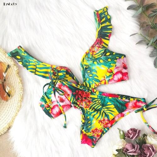Thong Bikinis Sexy Ruffle Sleeves Swimming Beach Suits Low Wasit Mini Bottom Two-piece Bathing Suits G-String Printing Bikinis
