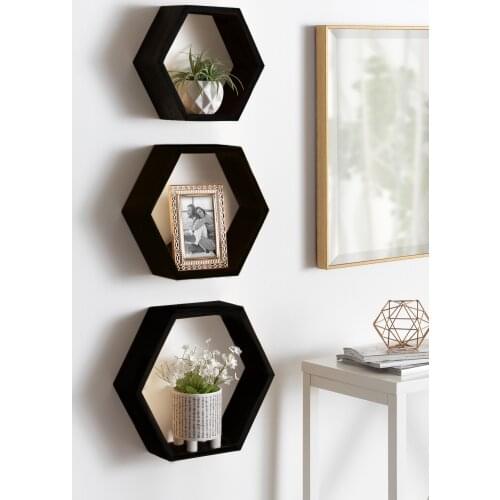 Wood 3'lü Hexagonal (honeycomb) Wall Rack (small) Black Handmade Natural Wood Decorative Rack