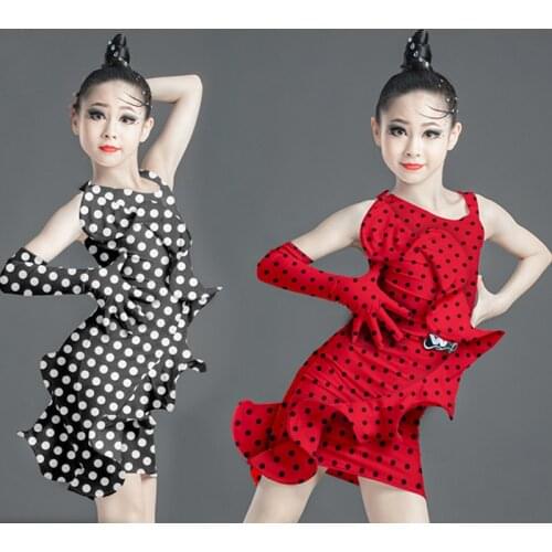 Childrens Latin Dance Dress Suit Kids Polka Dot Dress+Glove Girls Competition Costume Stage Dancing American ClothingBL4235