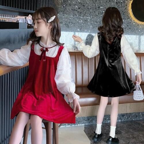 Girl Dress Costume Cute Wedding Party Spring Autumn Long Sleeve Flannel Princess Mesh Patchwork Dresses Childrens Clothes 4-13Y