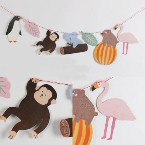 1 set Children Classroom Decoration Flags Happy Birthday Banner Cartoon Rainforest Animal Shape Party Supplies