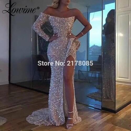 Hot Sexy Silver Glitter High Split Side Prom Dresses Mermaid One Shoulder African Women Party Gown 2020 New Custom Evening Dress