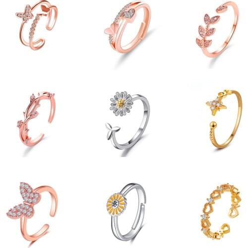 Fashion Star Moon Flower Leaf Heart Butterfly Patern Ring Personality Adjustable Ring Midi Ring For Women Zircon Metal Ring Gift