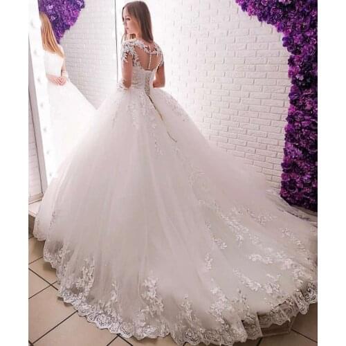 Illusion O-Neck Lace Long Sleeve Puffy Pleating Applique Sequined Princess Ball Gown Wedding Quinceanera Dresses Bridal Dress