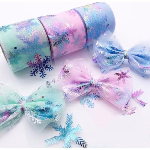25 yards Symphony Snowflake Printed Organza Ribbons DIY Apparel Sewing Fabric Wedding Party Decoration Hair Bow Accessories