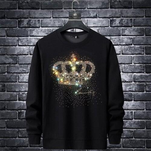 Men 2021 Crown Rhinestones Hoodie Sweatshirt Fashion Streetwear Full Slim Rib Pullover Hoodie O Neck Cotton Mens Autumn Clothes