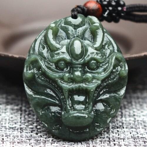Natural Dark Green HETIAN Nephrite Jades Pendant 3D Carved Tiger Head Pendants Necklace Gift for Mens Jades Stone Jewelry