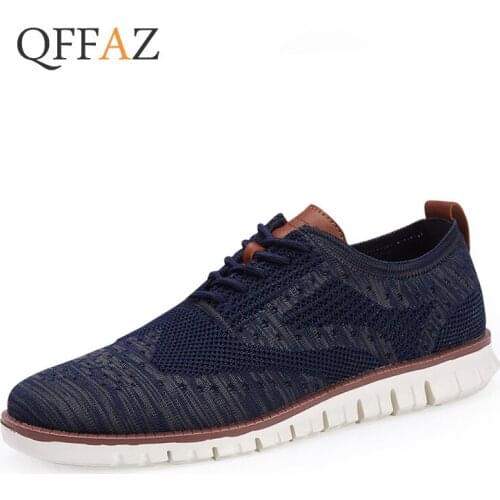 QFFAZ New Brogue mens Shoes Lace up lightweight British Dress Men Sneakers hollow breathable knitted mesh Flats Shoes