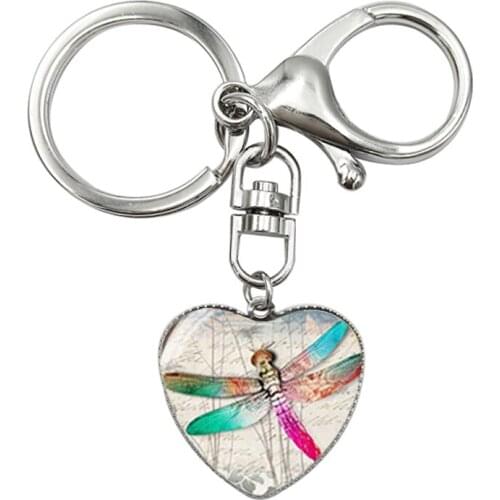 New Steampunk Dragonfly Heart Keychain Cute Dragonfly Heart Pendant Key Chain Jewelry Murano Glass Round Key Holder Kids Gift