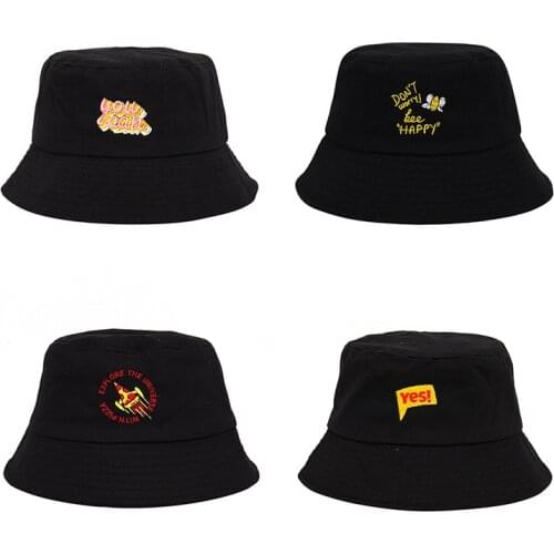 Embroidery Spring Women Bucket Fishing Hats Sunscreen Sun Cap Black Letter Print Hip Hop Lady Fisherman Hat Men Panama