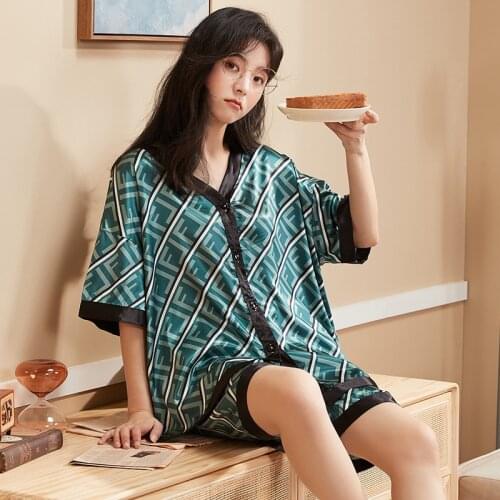 Womens Homedress Pajamas Sets Short Sleeve Shorts Ice Silk Nightgown Turn-down Collar Sleepwear Silk-like Fabric Home Clothing