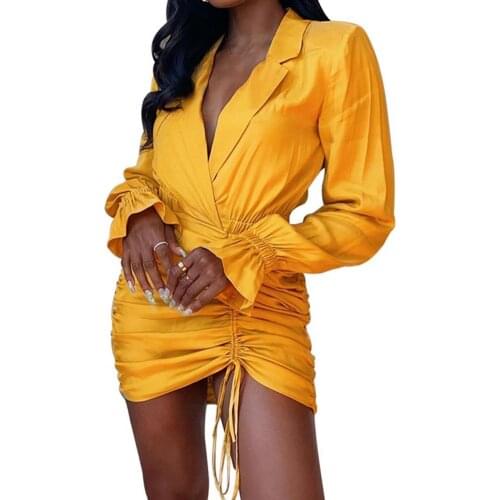 50%HOTFlared Sleeve Dress Deep V Neck 2 Colors Pleated Drawstring Bodycon Dress for Dating