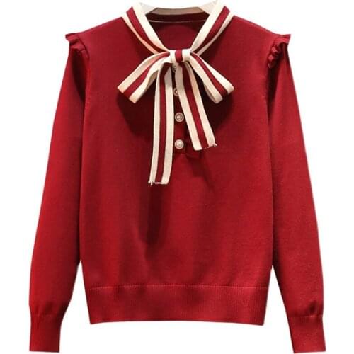 Plus Size Pullover Sweater Woman Outer Wear 2021 New Winter Bowknot Slim Slimming Long-Sleeved Sweaters Womens Tops