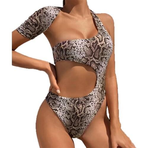 QINJOYER Sexy One Shoulder Swimsuit Women One Piece Bathing Suits 2021 Monokini Swimwear Snake Print Swimsuit Thong Bikini